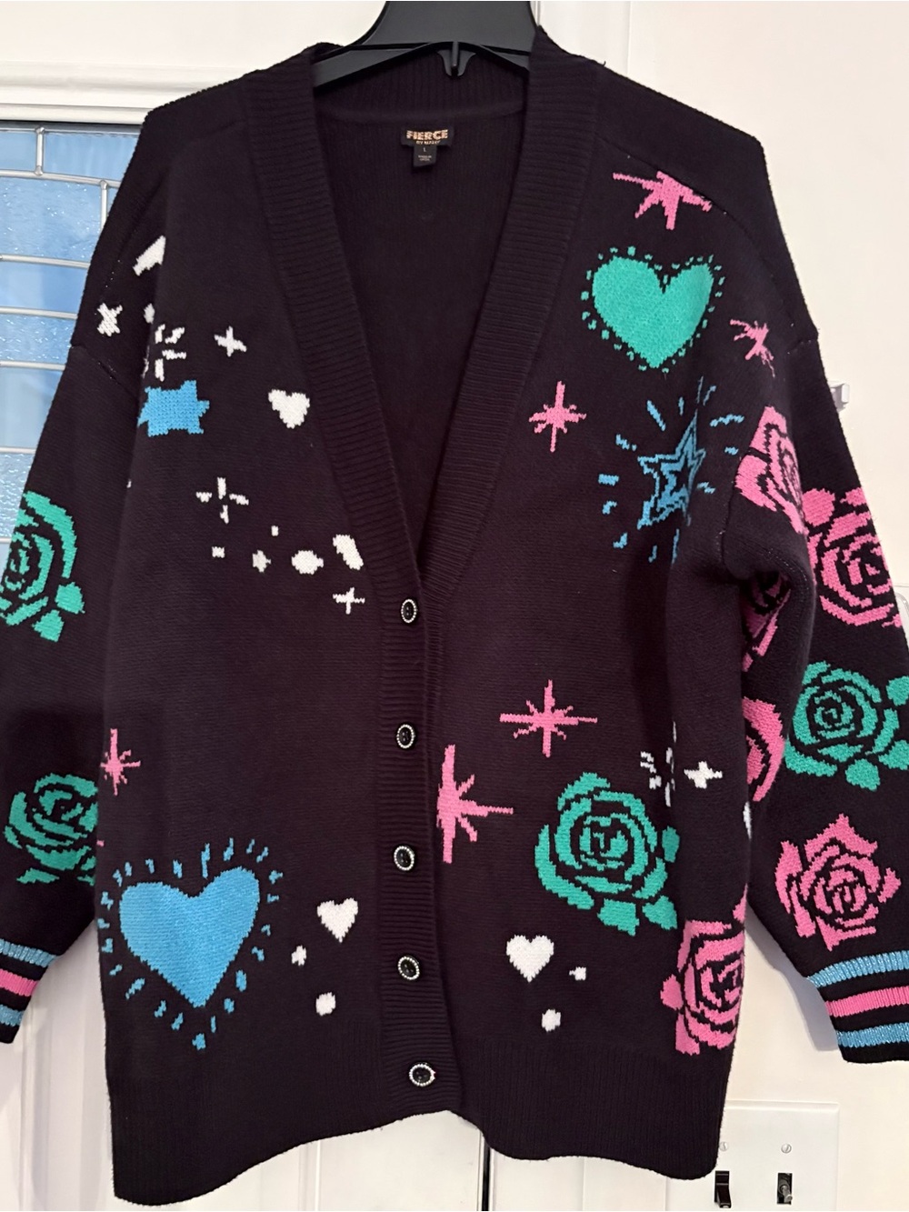 Mally Beauty Black Cardigan with Pink & Teal Floral & Heart Motifs